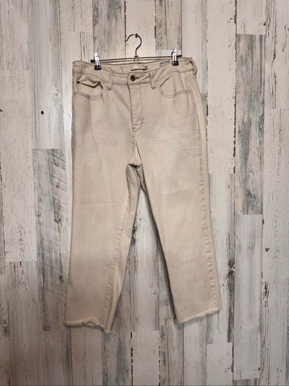 !iT Jeans Jackie High Rise Straight Leg Ankle Jeans Womens 14 Cream Raw Hem